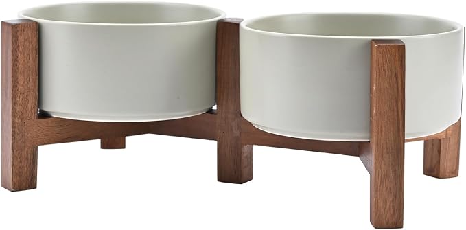 SPUNKYJUNKY Ceramic Dog Bowls with Acacia Wood Stand - Raised Dog Food and Water Bowl Set for Medium Dogs (28.74 OZ, Gray) by SPUNKYJUNKY