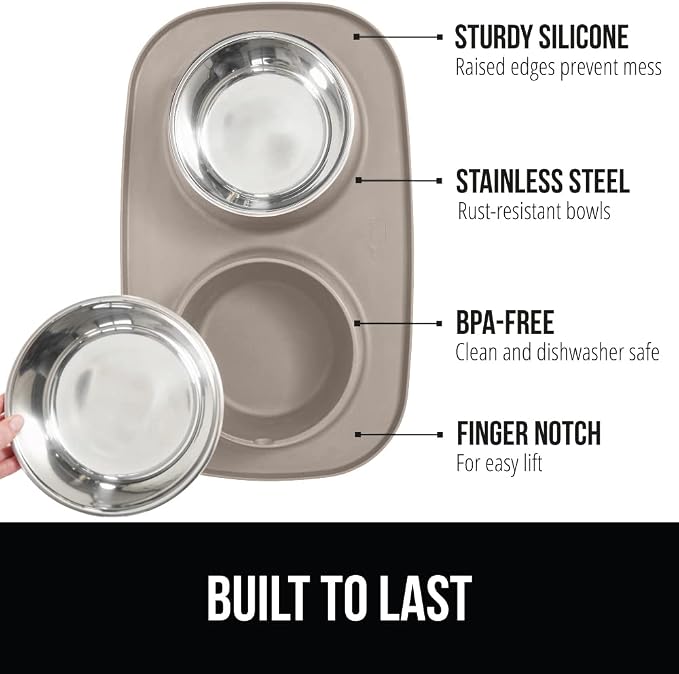 Gorilla Grip Cat and Dog Bowls Feeding Mat Set and Stainless Steel Metal Dog Bowl Set of 2, 2 Cup Raised Edge Feeding Mat Set, 2 Cup Heavy Duty Stainless Steel Bowls, Both Beige, 2 Item Bundle - Image 2