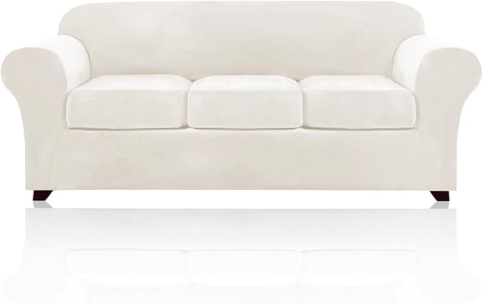 PrinceDeco Velvet Couch Covers for Sofa Soft 4 Pieces Couch Covers for 3 Cushion Couch Sofa Pet Friendly Furniture Protector with Non Slip Elastic Bottom Width Up to 90 Inch (Large, Porcelain) by PrinceDeco