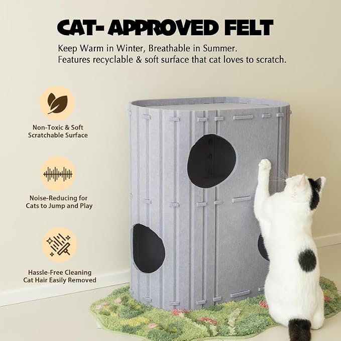 PETKARAY 2-Story Felt Cat House, Large Bed Cave for Indoor Cats, Felt Tunnel Hideaway Condo for Multi-Cat Households, 23.6x22x12 inches, Beige - Image 4