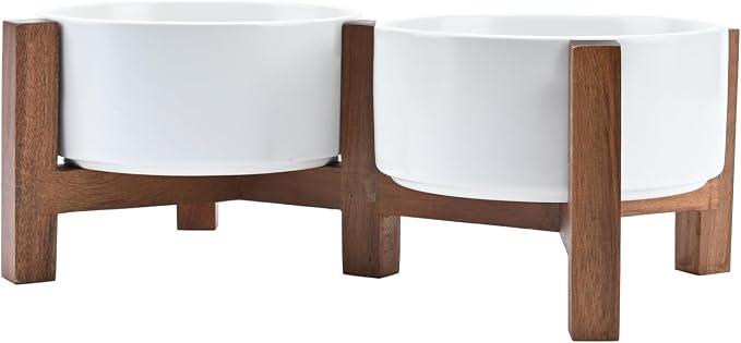 SPUNKYJUNKY Acacia Wood Stand Dog Bowl Set Raised, Ceramic Dog Food & Water Bowl for Medium Dogs (28.74 OZ, White) by SPUNKYJUNKY