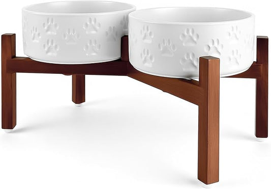 SPUNKYJUNKY Ceramic Elevated Dog Bowl Set with Acacia Wood Stand for Food and Water for Medium Dogs (42.27 OZ, White, Dog Paw Pattern) by SPUNKYJUNKY