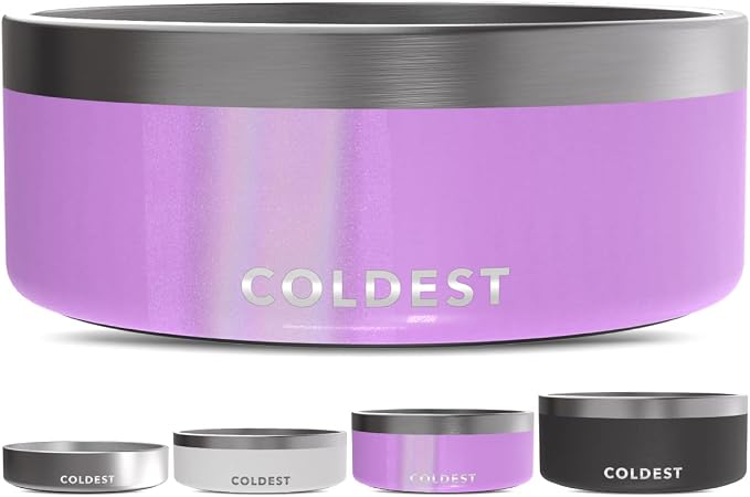 Coldest Dog Bowl - Anti Rust Metal, Non Slip, 3 Layers Insulated Stainless Steel Dog Bowls - Spill Proof & Heavy Duty - Water Bowl for Dogs, Cats, Dish Washer Safe (64 oz, Saturns Purple Glitter) by Coldest