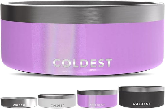 Coldest Dog Bowl - Anti Rust Metal, Non Slip, 3 Layers Insulated Stainless Steel Dog Bowls - Spill Proof & Heavy Duty - Water Bowl for Dogs, Cats, Dish Washer Safe (64 oz, Saturns Purple Glitter) by Coldest