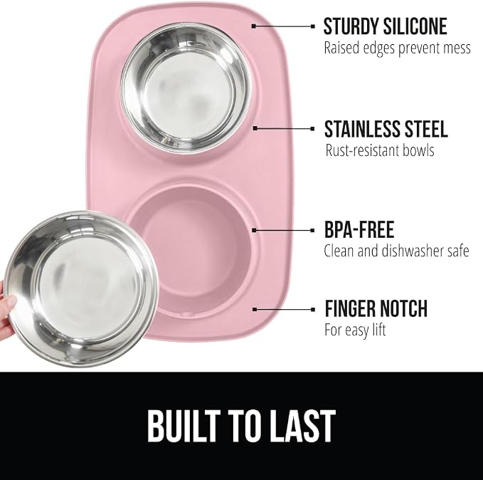 GORILLA GRIP Dog Bowl Set with Slip Resistant Silicone Feeding Mat, Food Grade 304 Stainless Steel Bowls, BPA Free, High Edge Spill Containment, Dishwasher Safe, Finger Notch Removal, 1 Cup, Pink - Image 2