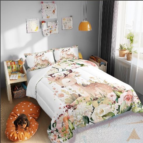 Manfei Watercolor Flowers Leaves Garden Boys Girls Comforter Set Full Size,Cute Deer Duvet Set Teens Bedroom Decor,Cartoon Wild Animal Microfiber Soft Bedding - Image 2