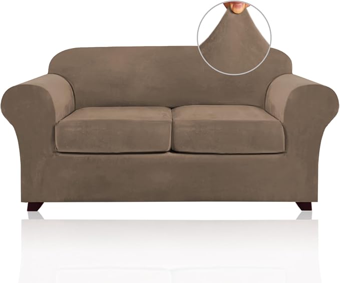 PrinceDeco Velvet Couch Cover Loveseat Covers for 2 Cushion Couch 3 Piece Sofa Covers for Dogs Washable Loveseat Covers Width Up to 72 Inch No Slip Stretch Sofa Slipcover(Medium, Mocha) by PrinceDeco