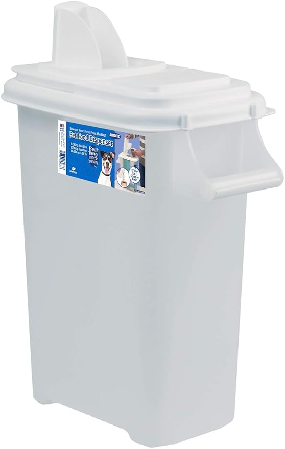 Buddeez Pet Food Storage Container - 16 LB Capacity Dog Food Storage Container, Cat Food Container, Bird Seed Storage Container with Durable EZ Grip Handle and EZ Flip Lid with Pour Spout (White Lid) by Buddeez