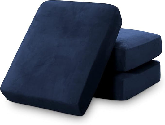 PrinceDeco Couch Cushion Covers, Stretch Washable Sofa Cushion Cover, Fitted Sofa Slipcover Velvet Fabric Non-Slip Furniture Protector for Dog,Pets, Kid (Each Width Up to 29.5", Navy) by PrinceDeco