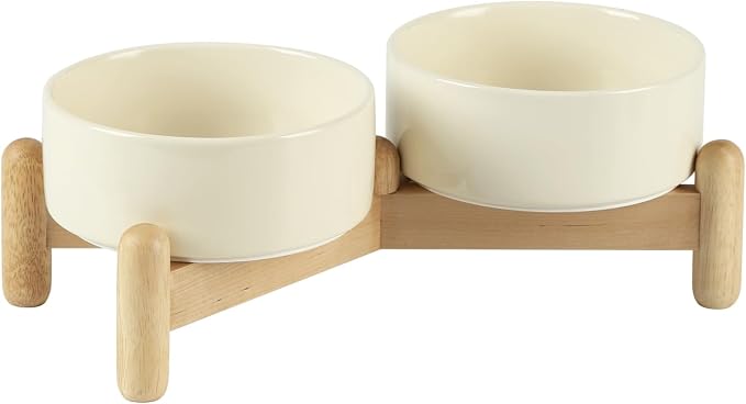 Havniva Elevated Dog Bowls Ceramic Dog Bowls with Stand, Dog Food Bowl | 5.1” Raised Dog Bowls with Non-Slip Wood Stand, Dog Food and Water Bowl Set, Double Dog Feeding Bowls for Small Dogs by Havniva