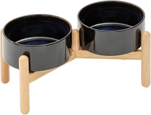 Havniva Elevated Dog Bowls Ceramic Dog Bowls with Stand, Dog Food Bowl | 6.1” Raised Dog Bowls with Non-Slip Wood Stand, Dog Food and Water Bowl Set, Double Dog Feeding Bowls for Small & Medium Dogs by Havniva