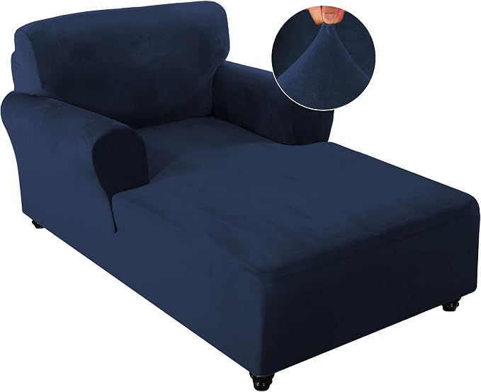 FantasDecor Velvet Chaise Lounge Cover Stretch Double Arm Chair Slipcover for Living Room Bedroom Soft Plush Fabric Machine Washable, Navy by FantasDecor