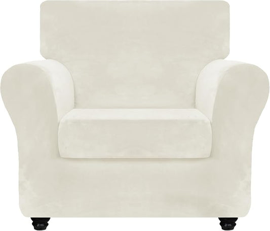ZNSAYOTX Luxury Velvet Chair Slipcovers with Arm 2 Piece Stretch Chair Covers for Living Room Thick Soft Armchair Slipcover Anti Slip Pet Friendly Furniture Protector (Beige),30"-47"(1 Cushion) by ZNSAYOTX