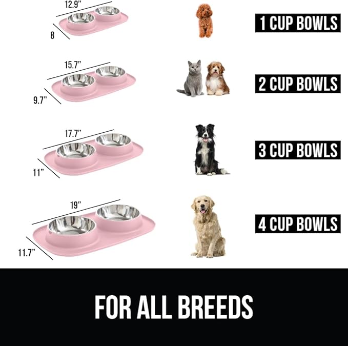GORILLA GRIP Dog Bowl Set with Slip Resistant Silicone Feeding Mat, Food Grade 304 Stainless Steel Bowls, BPA Free, High Edge Spill Containment, Dishwasher Safe, Finger Notch Removal, 1 Cup, Pink - Image 3