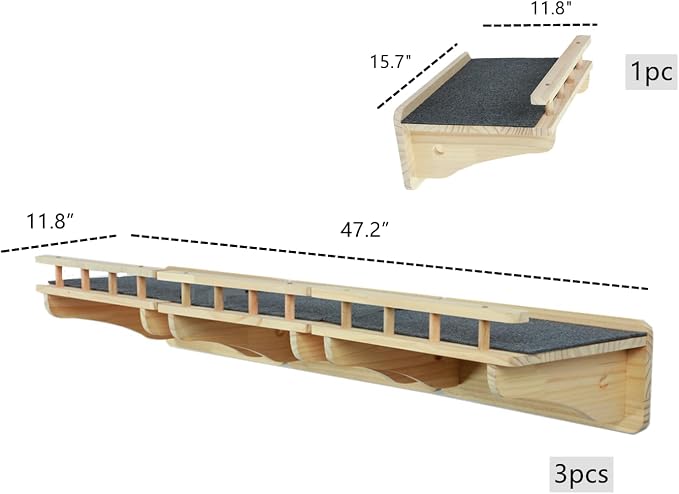 SHENGOCASE Wall Mounted Cat Furniture Set, Natural Wood, 47.2 inch Balcony Perch with Guardrail, 4 Steps, 2 Houses with Cushions - Image 6