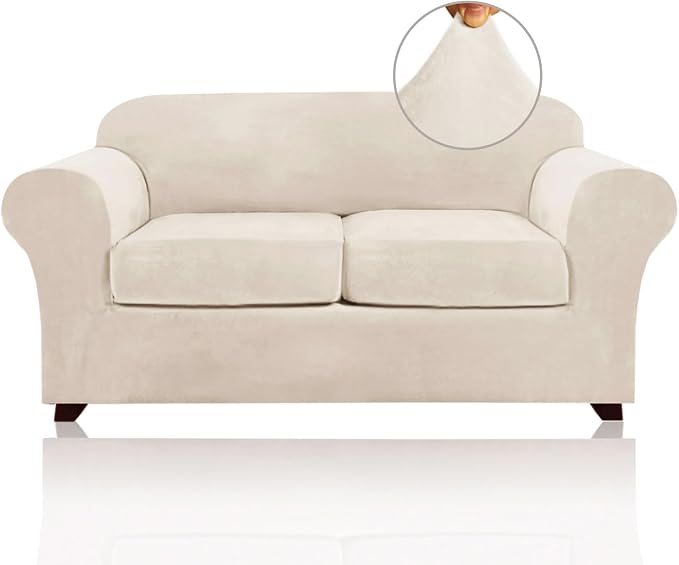 PrinceDeco Couch Cover Velvet Plush Sofa Covers for 2 Cushion Couch Width Up to 90 Inch Washable Furniture Protector Pet Friendly No Slip Sofa Slipcover(Medium-Large, Ivory) by PrinceDeco