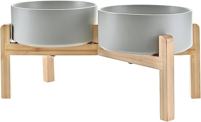 SPUNKYJUNKY Elevated Dog Bowls Ceramic, 7.3'' Dogs Food Water Bowls Raised with Non-Slip Bamboo Stand for Medium to Large Sized Breed Microwave Dishwasher Safe - 42 OZ,Grey by SPUNKYJUNKY