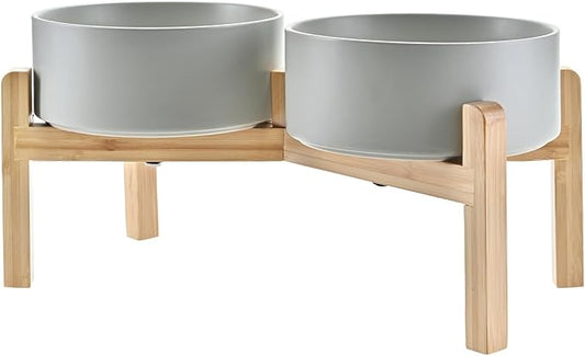 SPUNKYJUNKY Elevated Dog Bowls Ceramic, 7.3'' Dogs Food Water Bowls Raised with Non-Slip Bamboo Stand for Medium to Large Sized Breed Microwave Dishwasher Safe - 42 OZ,Grey by SPUNKYJUNKY