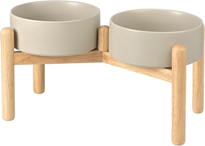 SPUNKYJUNKY Ceramics Elevated Dog Bowls with Wooden Stand - Raised Dog Bowl for Medium Large Dogs - Double 60OZ Bowls, Grey by SPUNKYJUNKY