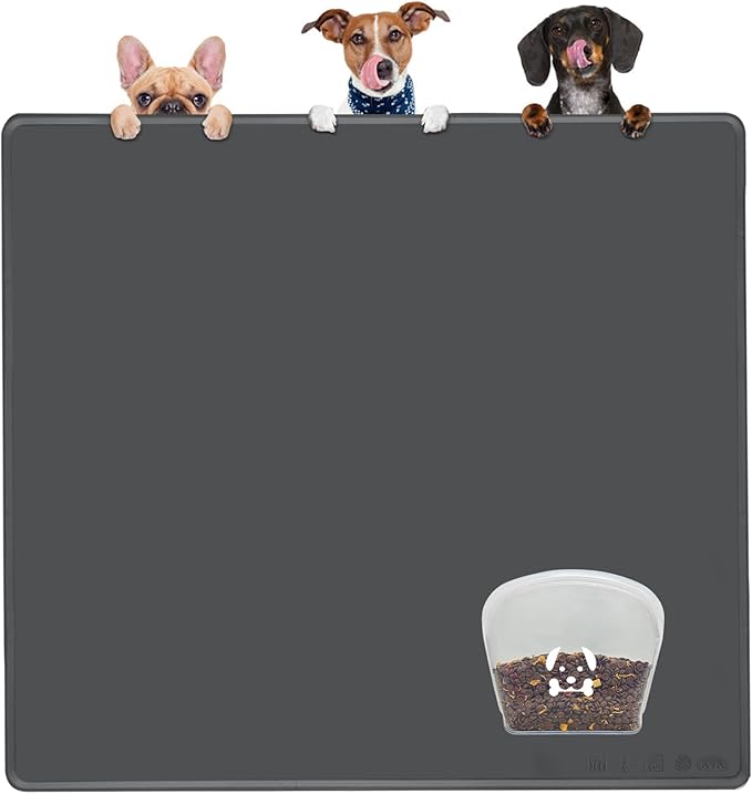 KVK Extra Extra Large Silicone Dog Food Mat 39.4×43.3in and 128oz Silicone Bag Set, Super Size Waterproof Pet Feeding Mat & Container, Non-Slip, Chew-Resistant Floor Protection (Dark Grey&Clear) by Unknown