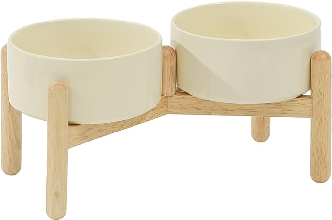 Havniva Elevated Dog Bowls Ceramic Dog Bowls with Stand, Dog Food Bowl | 6.1” Raised Dog Bowls with Non-Slip Wood Stand, Dog Food and Water Bowl Set, Double Dog Feeding Bowls for Small & Medium Dogs by Havniva