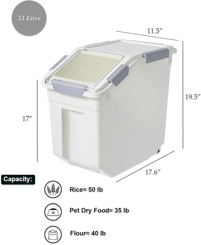 HANAMYA 32.5 Liter / 35 lbs Pet Food Storage Container with Measuring Cup, BPA free, For Dog Food | Cat Food | Rice | Grain | Flour, White & Gray, 2 counts - Image 3