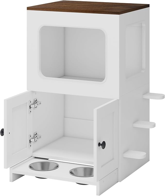 Cat Feeding Station, 2-Tier Wood Cat House with Storage, Raised Bowls for Indoor Cats, Pull-Out Feeding Station & Cat Condo, Includes 2 Stainless Bowls - Image 8