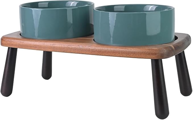 SPUNKYJUNKY Ceramic Elevated Dog Bowls Raised with Acacia Bamboo Wooden Stand, 6.1'' Dog Cat Food Water Bowls Set Non-Slip for Small Medium Sized Breed Microwave Dishwasher Safe - 28.7 OZ,Dark Green by SPUNKYJUNKY