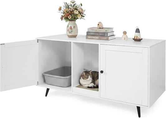 Tangkula Double Cat Litter Box Enclosure, Large Hidden Wooden Cat Cabinet for 2 Cats with Scratching Pad, Double Rooms, Versatile TV Stand Side Table for Indoor Living Room (White) by TANGKULA