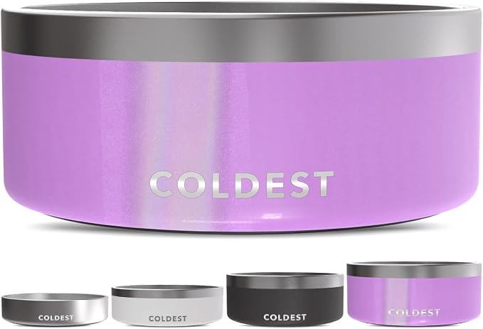 Coldest Dog Bowl - Anti Rust Metal, Non Slip, 3 Layers Insulated Stainless Steel Dog Bowls - Spill Proof & Heavy Duty - Water Bowl for Dogs, Cats, Dish Washer Safe (100 oz, Saturns Purple Glitter) by Coldest