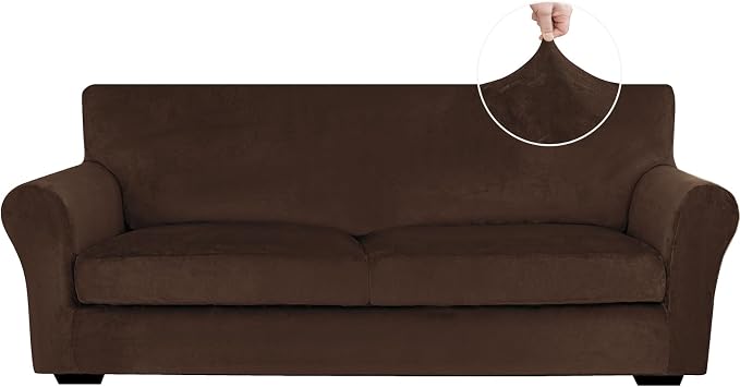 XINEAGE 3-Piece Velvet Sofa Cover,Couch Covers for Dog,Dark Coffee | 2 Cushion Sofa,Stretch Non-slip Elastic, Pet-friendly, Washable, Fast Setup, Soft Plush Fabric, Furniture Protector. by XINEAGE