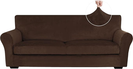 XINEAGE 3-Piece Velvet Sofa Cover,Couch Covers for Dog,Dark Coffee | 2 Cushion Sofa,Stretch Non-slip Elastic, Pet-friendly, Washable, Fast Setup, Soft Plush Fabric, Furniture Protector. by XINEAGE