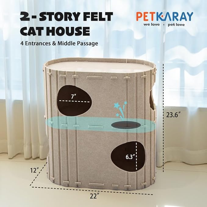 PETKARAY 2-Story Felt Cat House, Large Bed Cave for Indoor Cats, Felt Tunnel Hideaway Condo for Multi-Cat Households, 23.6x22x12 inches, Grey - Image 2