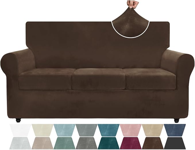 ZNSAYOTX Luxury Velvet Couch Cover 4 Piece (72"-92") Stretch Sofa Covers for 3 Cushion Couch Thick Soft Sofa Slipcover with Non Slip Strap, Dog Pet Friendly Nice Furniture Protector (Dark Coffee) by ZNSAYOTX
