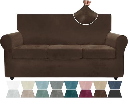 ZNSAYOTX Luxury Velvet Couch Cover 4 Piece (72"-92") Stretch Sofa Covers for 3 Cushion Couch Thick Soft Sofa Slipcover with Non Slip Strap, Dog Pet Friendly Nice Furniture Protector (Dark Coffee) by ZNSAYOTX