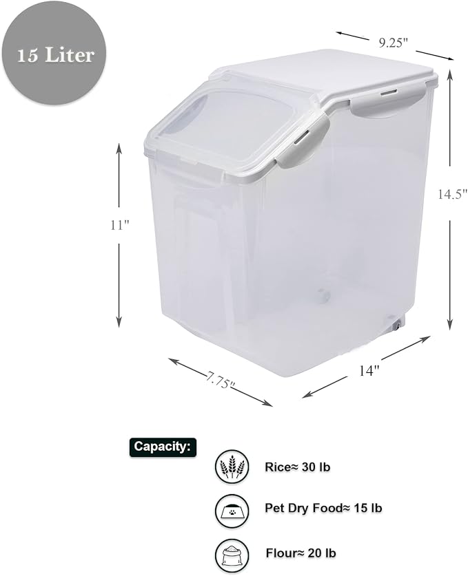 HANAMYA 15 Liter / 30 lbs Rice Storage Container with Measuring Cup, BPA free, For Rice | Grain | Pet Food | Flour, 1 count, Clear - Image 5