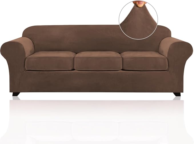 PrinceDeco Velvet Couch Covers for Sofa Soft 4 Pieces Couch Covers for 3 Cushion Couch Sofa Pet Friendly Furniture Protector with Non Slip Elastic Bottom Width Up to 97 Inch (Large Sofas, Caramel) by PrinceDeco