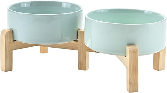 SPUNKYJUNKY Elevated Dog Bowls Ceramic, 5.1'' Dogs and Cat Food Water Bowls Raised with Non-Slip Bamboo Stand for Puppy Small Sized Breed Microwave Dishwasher Safe - 13.5 OZ,Light Green by SPUNKYJUNKY