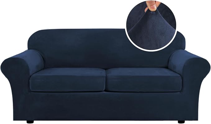 H.VERSAILTEX Real Velvet Plush 3 Piece Stretch Sofa Covers Couch Covers for 2 Cushion Couch Sofa Slipcovers Width Up to 90 Inch Feature Thick Soft Stay in Place (Large Sofa, Navy) by HVERSAILTEX