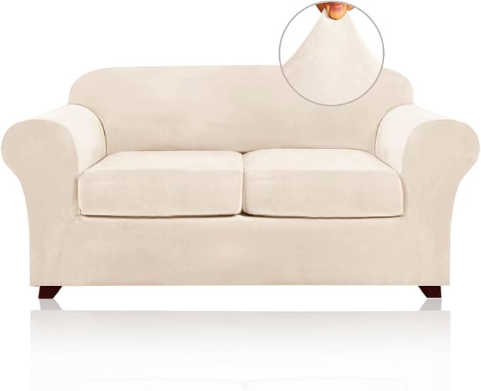 PrinceDeco Velvet Couch Cover Loveseat Covers for 2 Cushion Couch 3 Piece Sofa Covers for Dogs Washable Loveseat Covers Width Up to 72 Inch No Slip Stretch Sofa Slipcover(Medium, Cream) by PrinceDeco