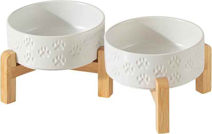 Elevated Ceramic Dog Bowl Set, Anti-Skid Bamboo Stand, White, 5.1 inch | Food and Water Bowls with Fixed Non-Slip Rubber Ring, Microwave Safe, Easy to Clean, 1.6 Cup per Bowl, for Small-Breed Puppy by Unknown