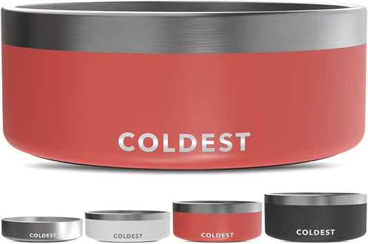 Coldest Dog Bowl - Anti Rust Metal, Non Slip, 3 Layers Insulated Stainless Steel Dog Bowls - Spill Proof & Heavy Duty - Water Bowl for Dogs, Cats & Pets, Dish Washer Safe (64 oz, Crimson Red) by Coldest
