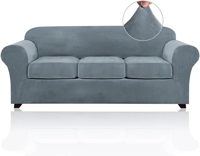 PrinceDeco Velvet Couch Covers for Sofa Soft 4 Pieces Couch Covers for 3 Cushion Couch Sofa Pet Friendly Furniture Protector with Non Slip Elastic Bottom Width Up to 90 Inch(Large, Stone Blue) by PrinceDeco