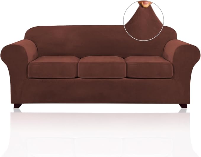 PrinceDeco Velvet Couch Covers for Sofa Soft 4 Pieces Couch Covers for 3 Cushion Couch Sofa Pet Friendly Furniture Protector with Non Slip Elastic Bottom Width Up to 97 Inch (Large Sofas, Burnt Brick) by PrinceDeco
