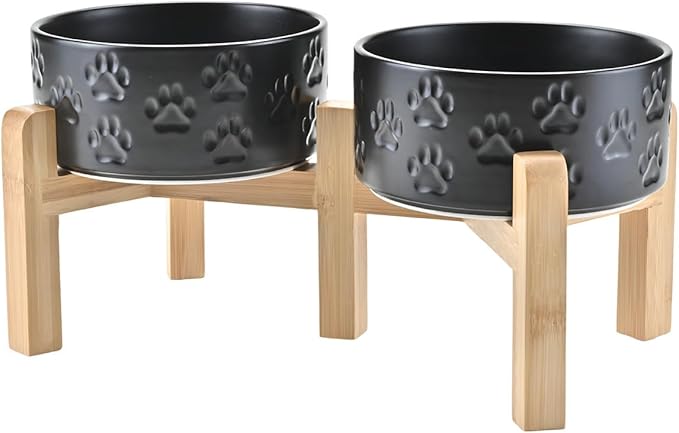 SPUNKYJUNKY Elevated Dog Bowls Ceramic, 6.1'' Dogs and Cat Food Water Bowls Raised with Non-Slip Bamboo Stand for Medium Sized Breed Microwave Dishwasher Safe - 28.7 OZ,Paw Black by SPUNKYJUNKY