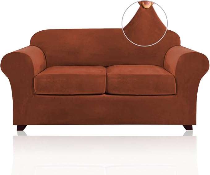 PrinceDeco Velvet Couch Cover Loveseat Covers for 2 Cushion Couch 3 Piece Sofa Covers for Dogs Washable Loveseat Covers Width Up to 72 Inch No Slip Stretch Sofa Slipcover(Medium, Rust) by PrinceDeco