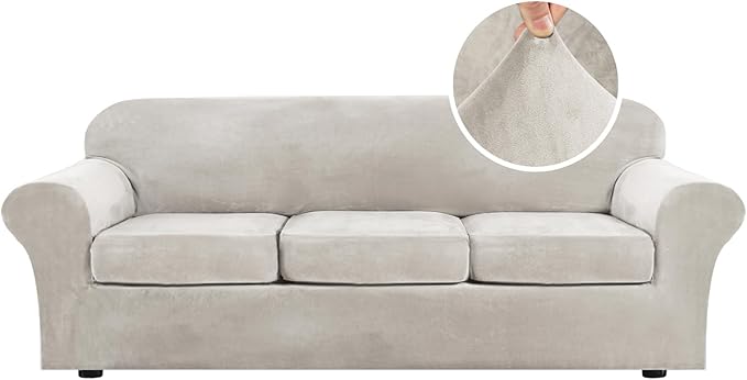 H.VERSAILTEX High Stretch Sofa Slipcover 4 Piece Cover Velvet Furniture Protector Form Fit Thick Velvet Extra Large Sofa Cover for 3 Cushion Couch Width Up to 97 Inch (Large Sofa, Oatmeal) by HVERSAILTEX