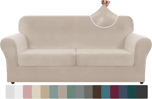 ZNSAYOTX Oversized Velvet 3 Piece Couch Cover with 2 Extra Large Seat Cushion Covers Stretch Sofa Cover for 2 Cushion Couch Thick Loveseat Sofa Slipcover for Living Room (Khaki), 72"-92"(2 Cushions) by ZNSAYOTX