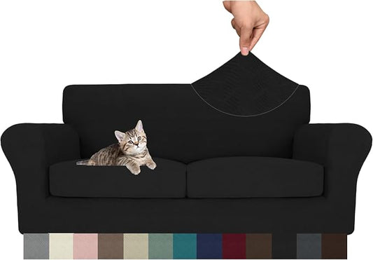 MAXIJIN 3 Piece Couch Covers for 2 Cushion Couch loveseat Cover, Stretch Love Seat Sofa Slipcovers for Dogs Pet, Thick Furniture Protector with 2 Seat Cushion (55"-69", Black) by MAXIJIN