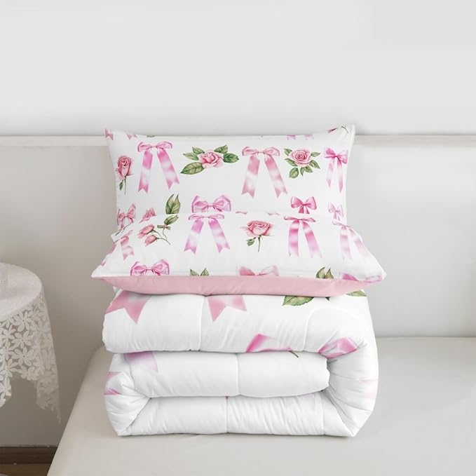 Manfei Floral Bowknot Bed Comforter Set Queen Size,Pink Bow Tie Print Super Soft Microfiber Bedding Set for Adults Teens,Dreamy Princess Style Flower Comforter Set,2 Pillowcases - Image 6